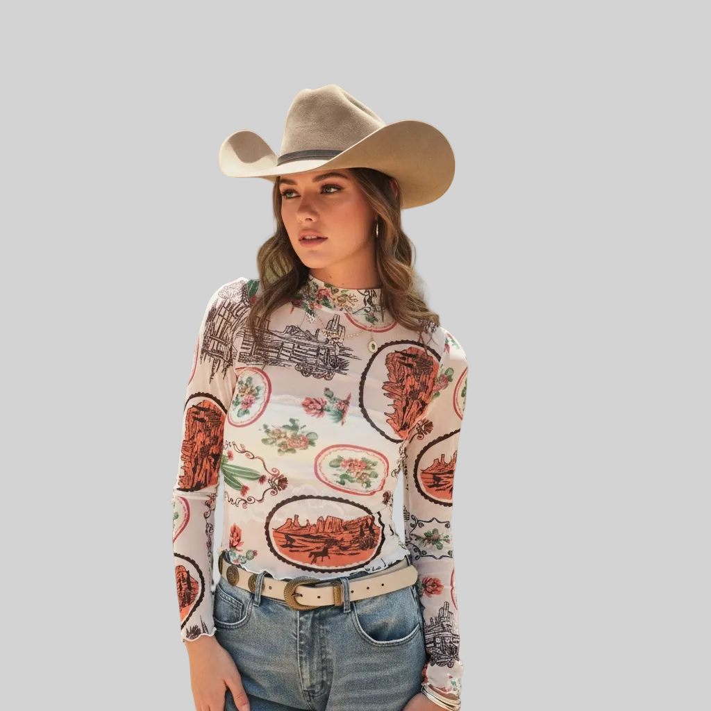 Western Motif Mesh Mock Neck Top