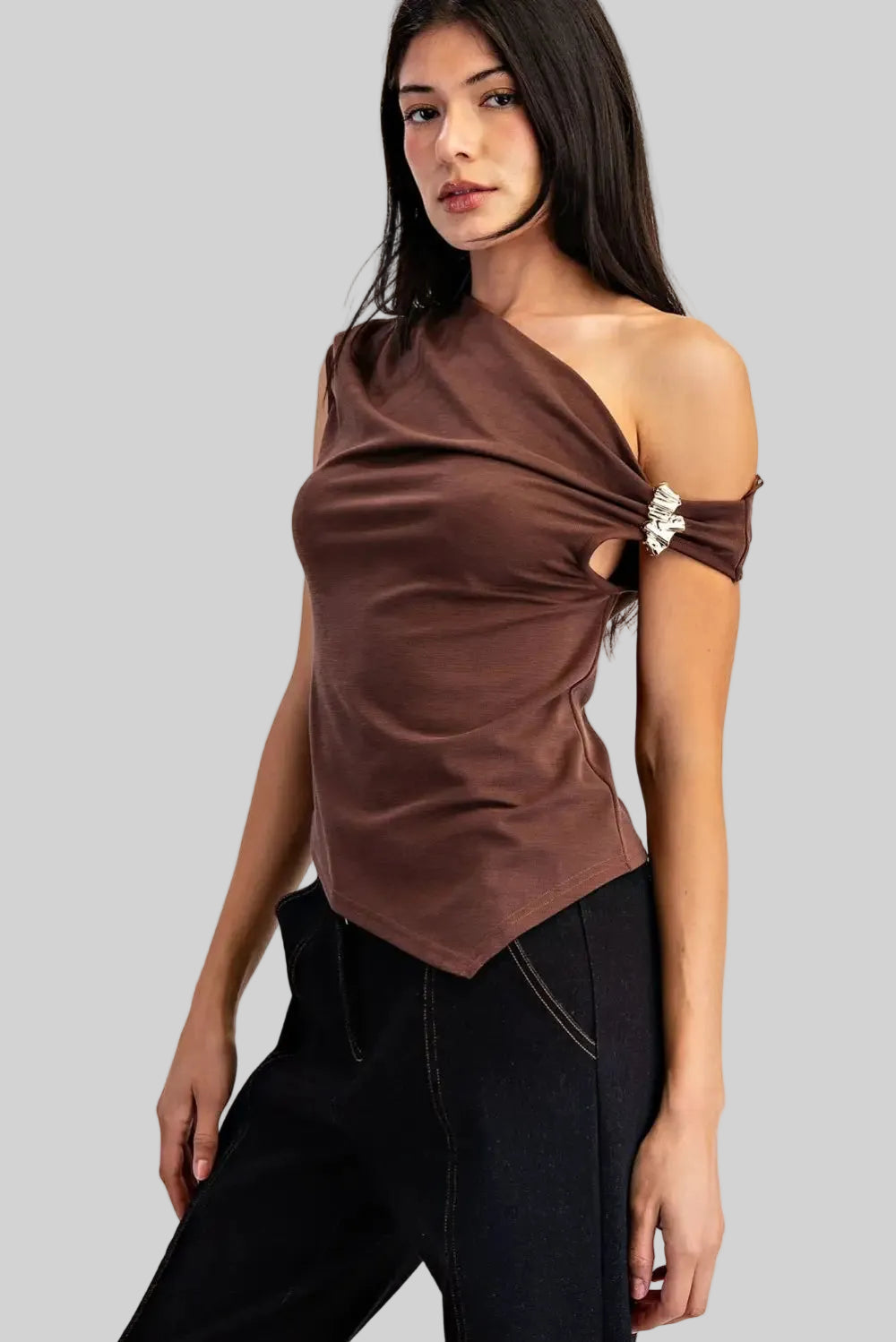 One Shoulder with Metal Trim Asymmetrical Hem Top