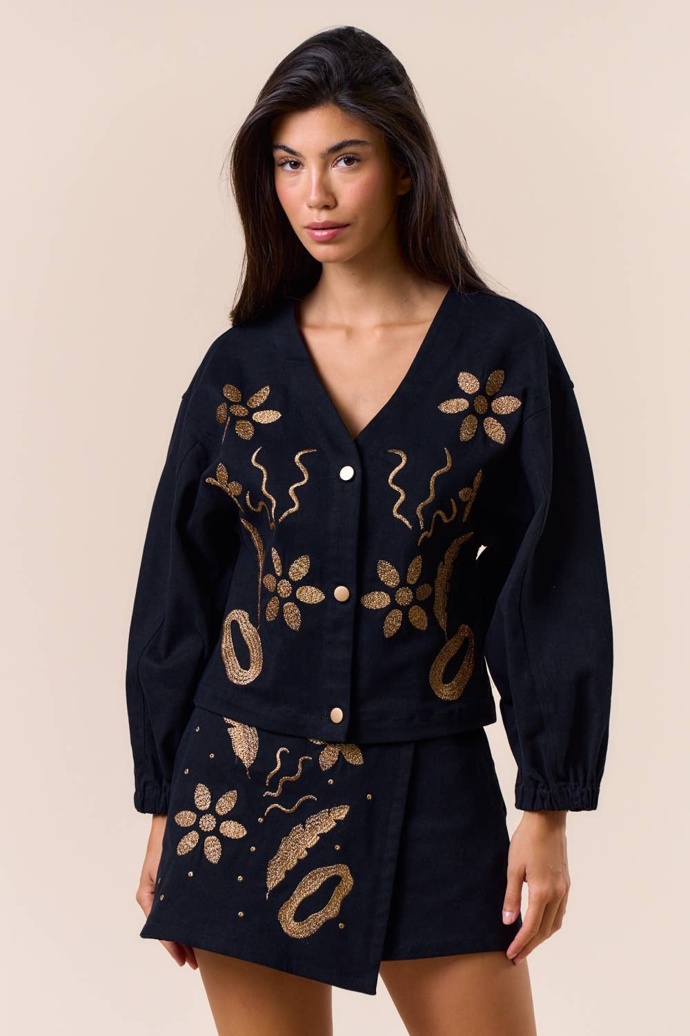 Embroidered Long Sleeve Button-Down Jacket