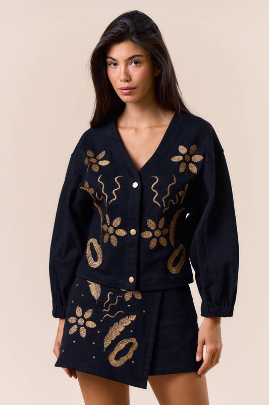 Embroidered Long Sleeve Button-Down Jacket