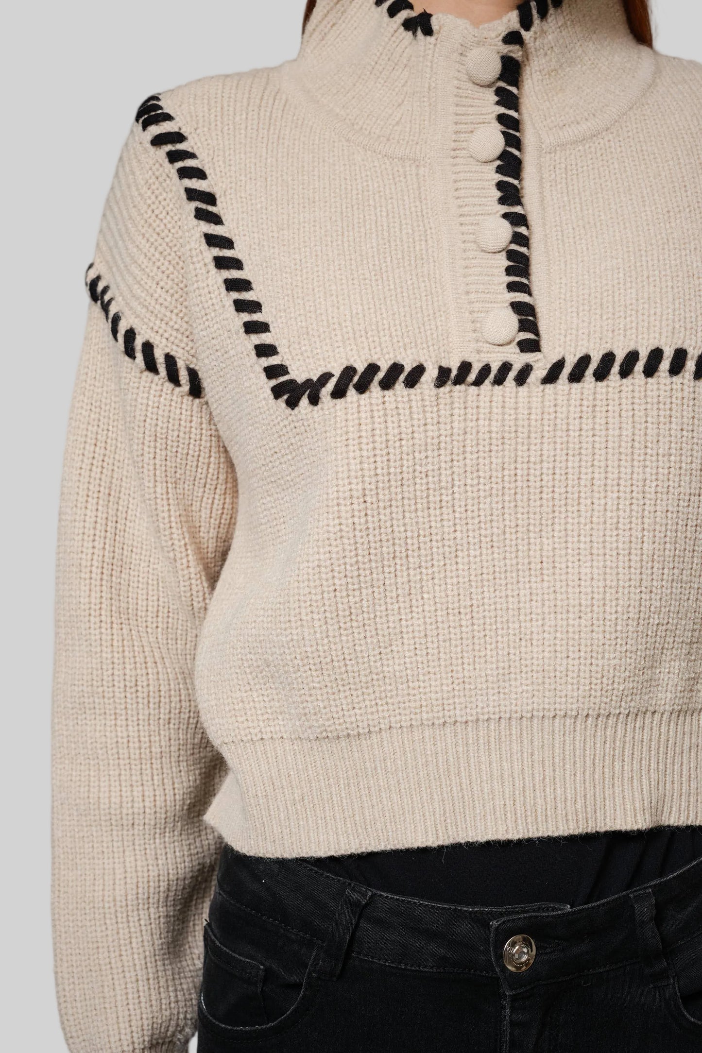 Whip Stitch High Neck Cropped Sweater