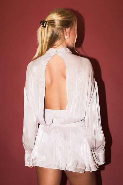 Long Sleeve Mock Neck Open Back Blouse