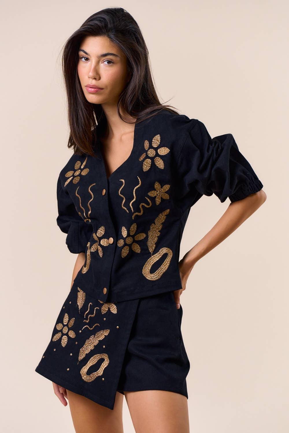 Embroidered Long Sleeve Button-Down Jacket