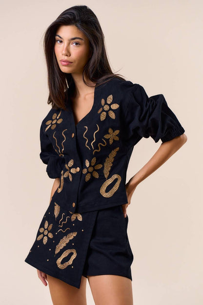 Embroidered Long Sleeve Button-Down Jacket