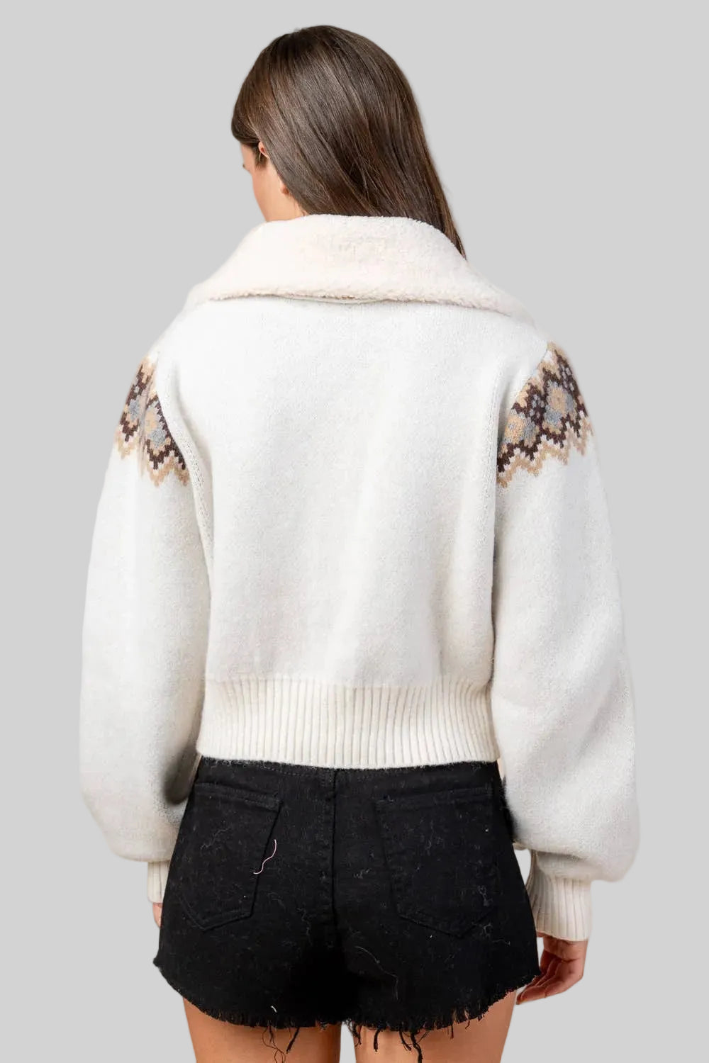 Zip Front Cardigan Sweater W/Fur Collar