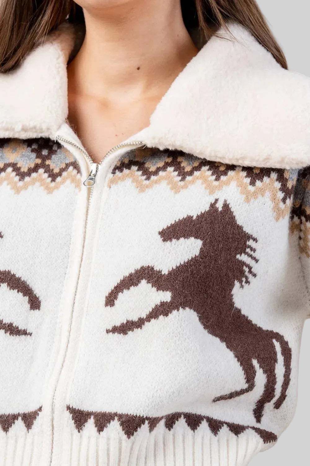 Zip Front Cardigan Sweater W/Fur Collar