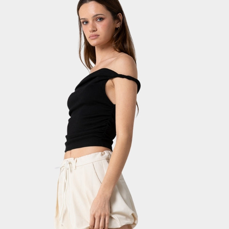 Knit Ribbed Twist Off The Shoulder Top