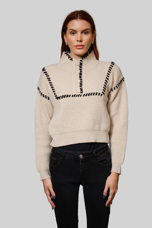 Whip Stitch High Neck Cropped Sweater