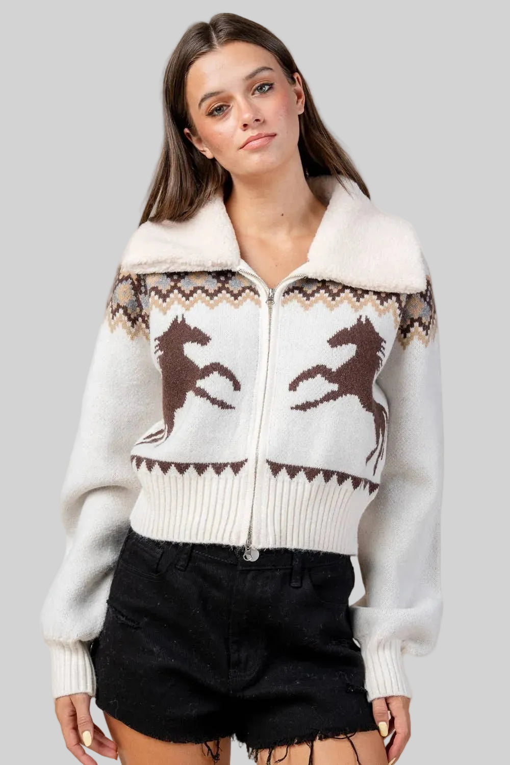 Zip Front Cardigan Sweater W/Fur Collar