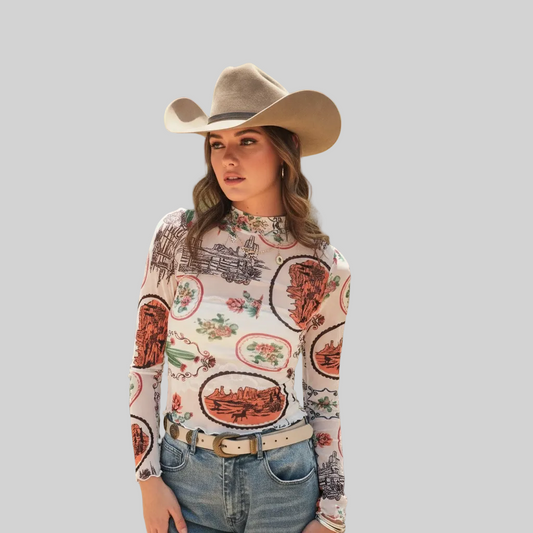 Western Motif Mesh Mock Neck Top