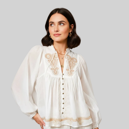 Bohemian Embroidered Tie Neck Blouse
