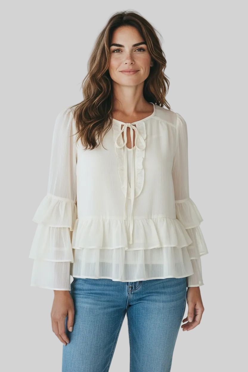 Front Tie Sheer Ruffle Blouse
