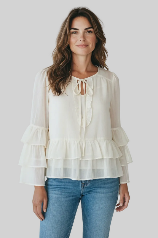 Front Tie Sheer Ruffle Blouse
