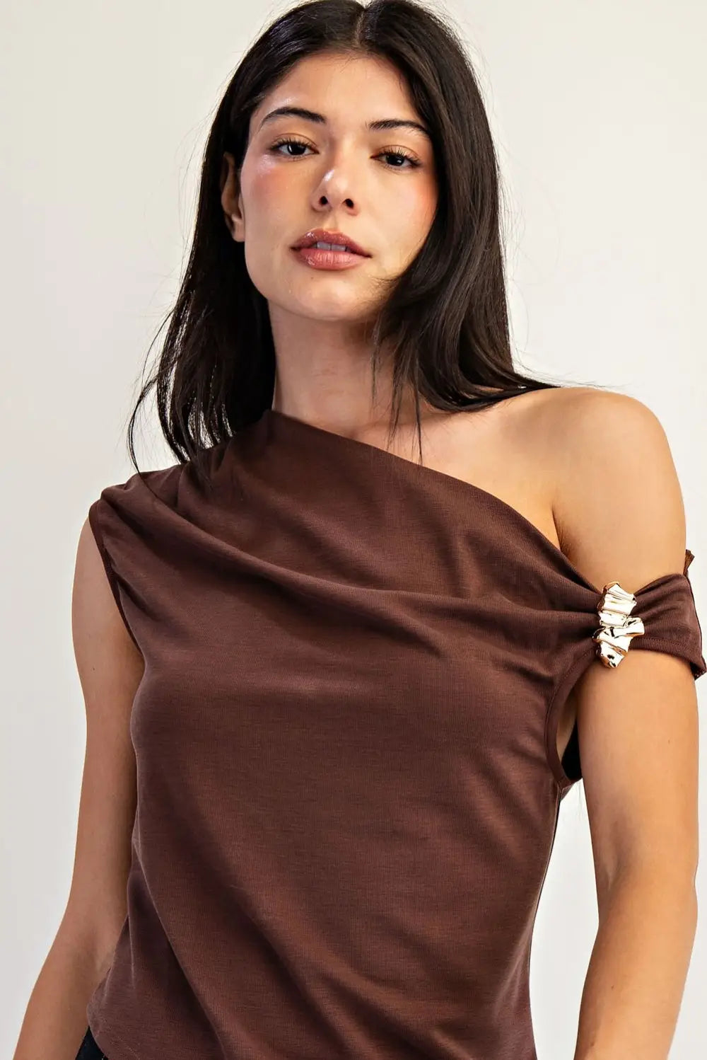 One Shoulder with Metal Trim Asymmetrical Hem Top