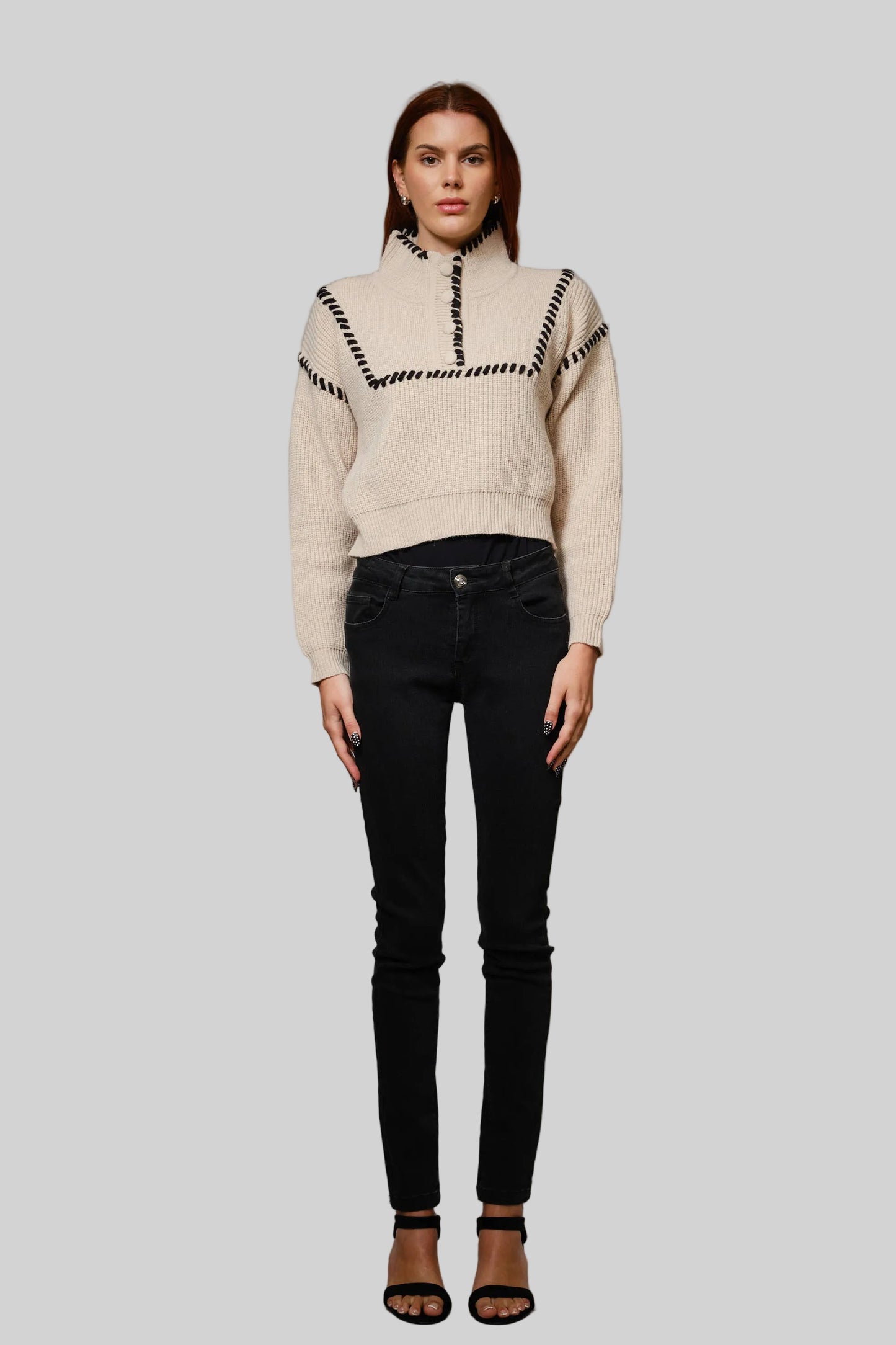 Whip Stitch High Neck Cropped Sweater