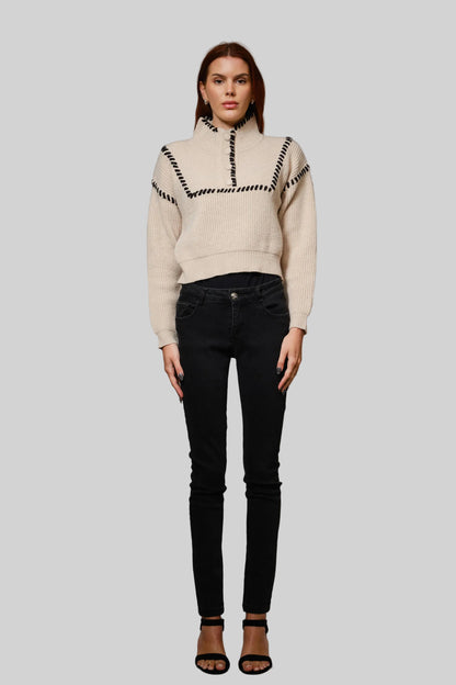 Whip Stitch High Neck Cropped Sweater