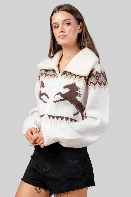 Zip Front Cardigan Sweater W/Fur Collar