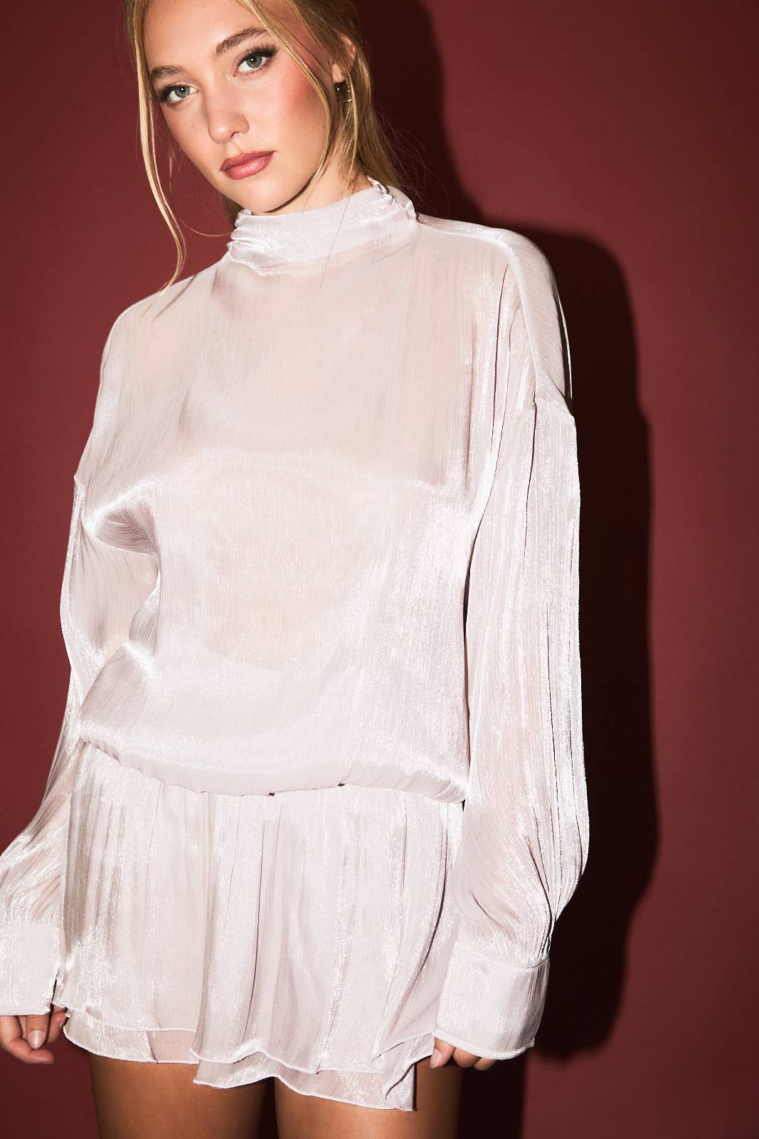 Long Sleeve Mock Neck Open Back Blouse