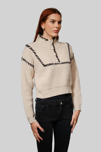 Whip Stitch High Neck Cropped Sweater