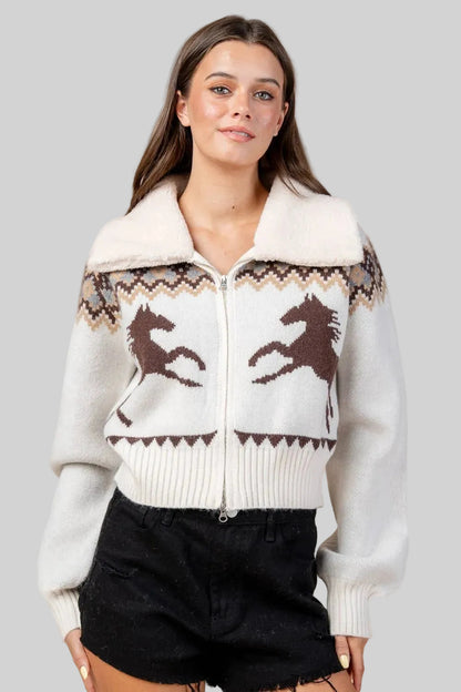 Zip Front Cardigan Sweater W/Fur Collar