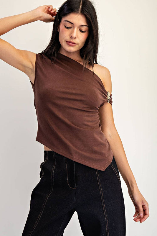 One Shoulder with Metal Trim Asymmetrical Hem Top