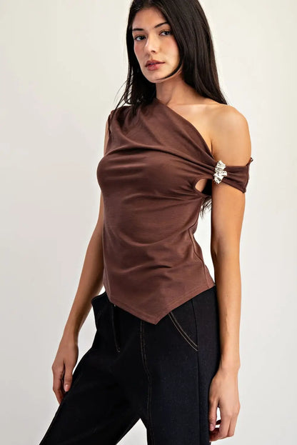 One Shoulder with Metal Trim Asymmetrical Hem Top